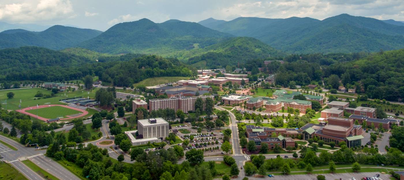 View of WCU Cullowhee Campus buildings with mountains in the background