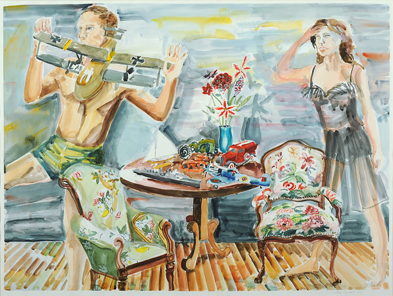 Shari Urquhart, American  She said "The Toys are Father to the War," 1992  Watercolor, 29 x 36 inches  Women's Studies Collection  Gift of the Artist 
