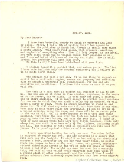 Letter from Kpehart to "Berge" on February 27, 1923.