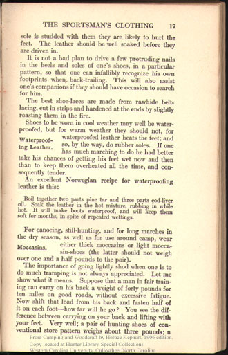 Page describing moccasins from the first edition of Camping and Woodcraft.