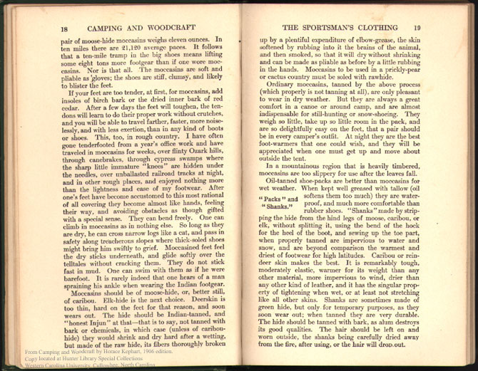 Pages describing moccasins from the first edition of Camping and Woodcraft.