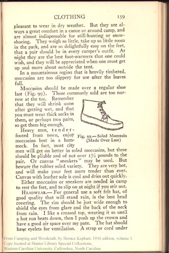 Pages describing moccasins from the second edition of Camping and Woodcraft.