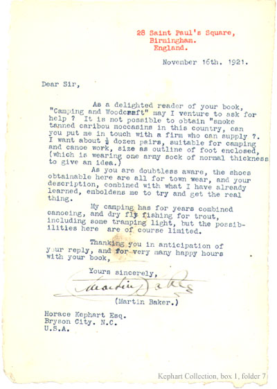 Letter from Martin Baker to Horace Kephart, November 16, 1921.