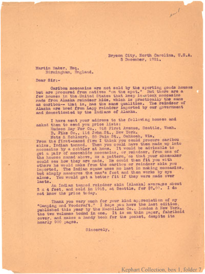 Letter from Kephart to Martin Baker, December 3, 1921.