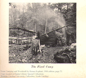 Fixed camp photograph illustrating the first edition of Camping and Woodcraft.
