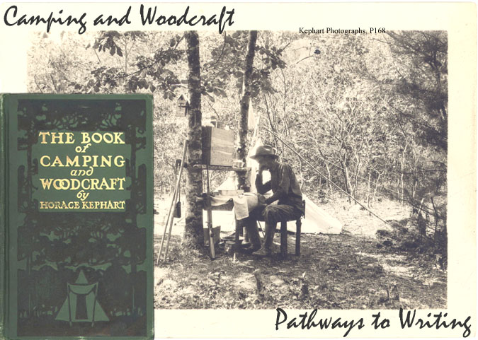 Camping and Woodcraft book shown with photograph of Hrace Kephart at a table in an encampment.