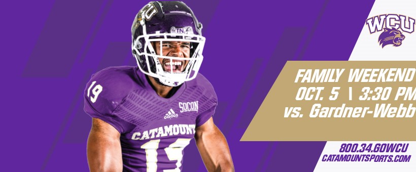 Family Weekend Banner with a catamount player in front of a purple background