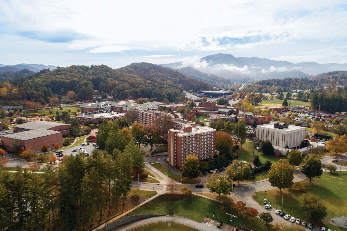 Aerial of campus with the Scott and Walker Residence Halls