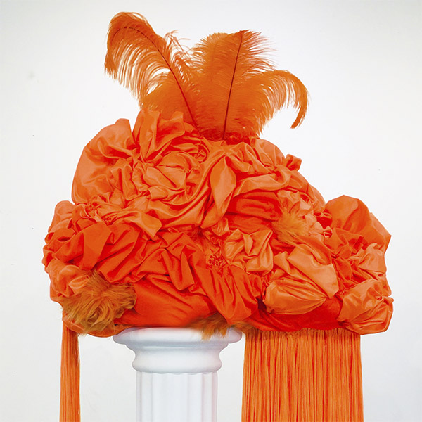  Image caption: Lauren A. Medford, Aldonza, 2019, polystyrene foam, various fabrics, feathers, glass beads, and dressmaker pins, 27 x 28 x 16 inches