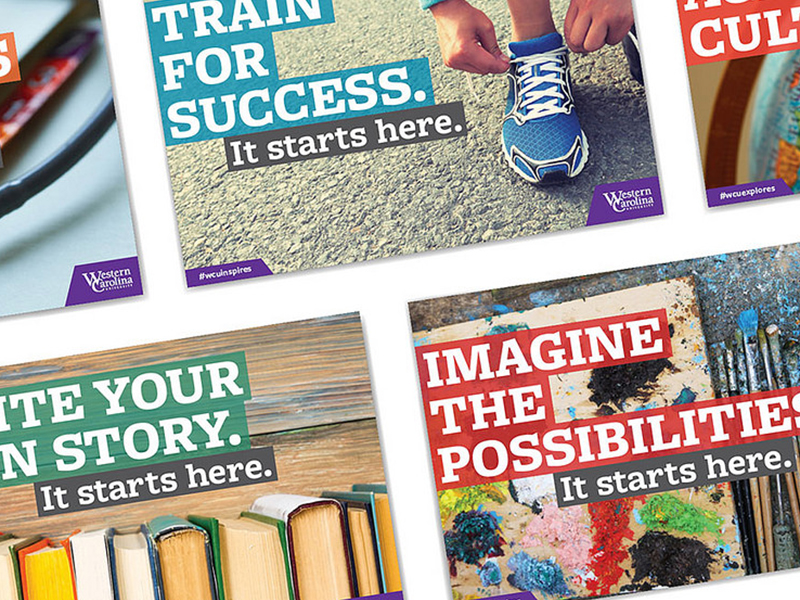 Examples of WCU's Marketing Services that shows a college fair brochure.
