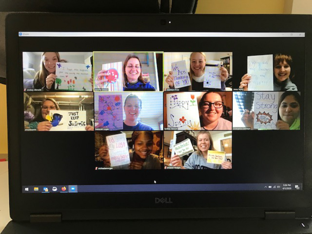 Recreation Therapy Students showing off their cards on a zoom meeting