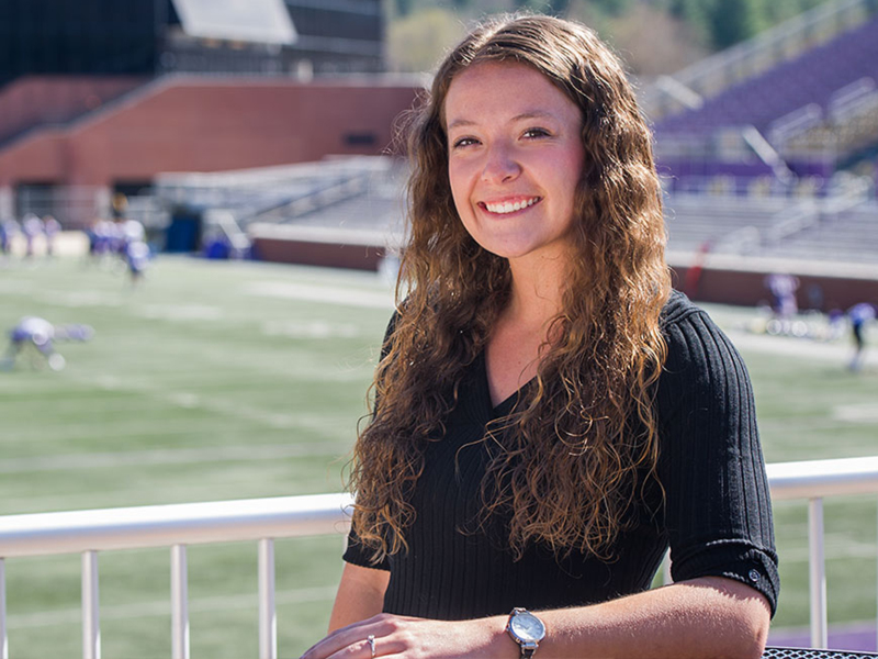 Scholarship recipient Erin West, a Sport Management major, at the Bob Waters Field at E. J. Whitmire Stadium on Western Carolina University's campus.