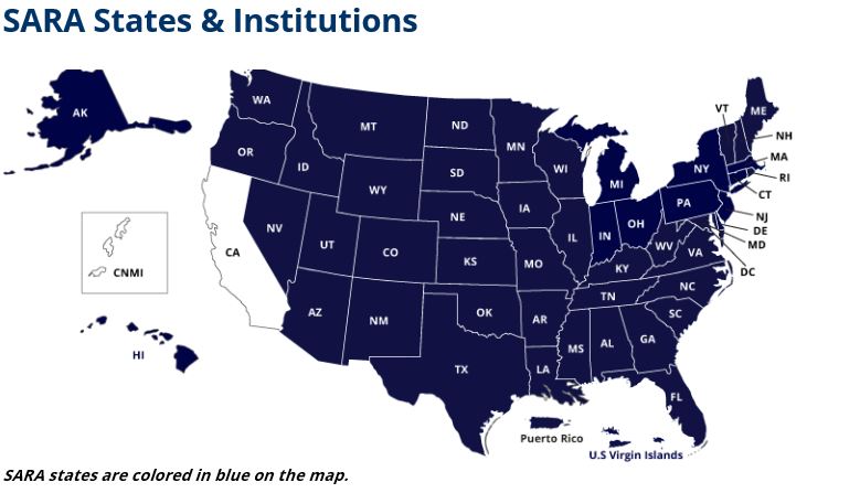 A map of the United States labling SARA States & Institutions
