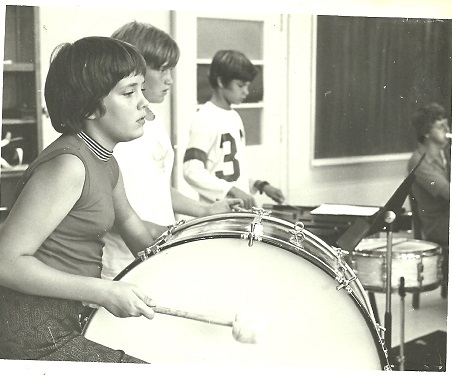 Dawn Neatherly in 1974 with a drum, black and white photo