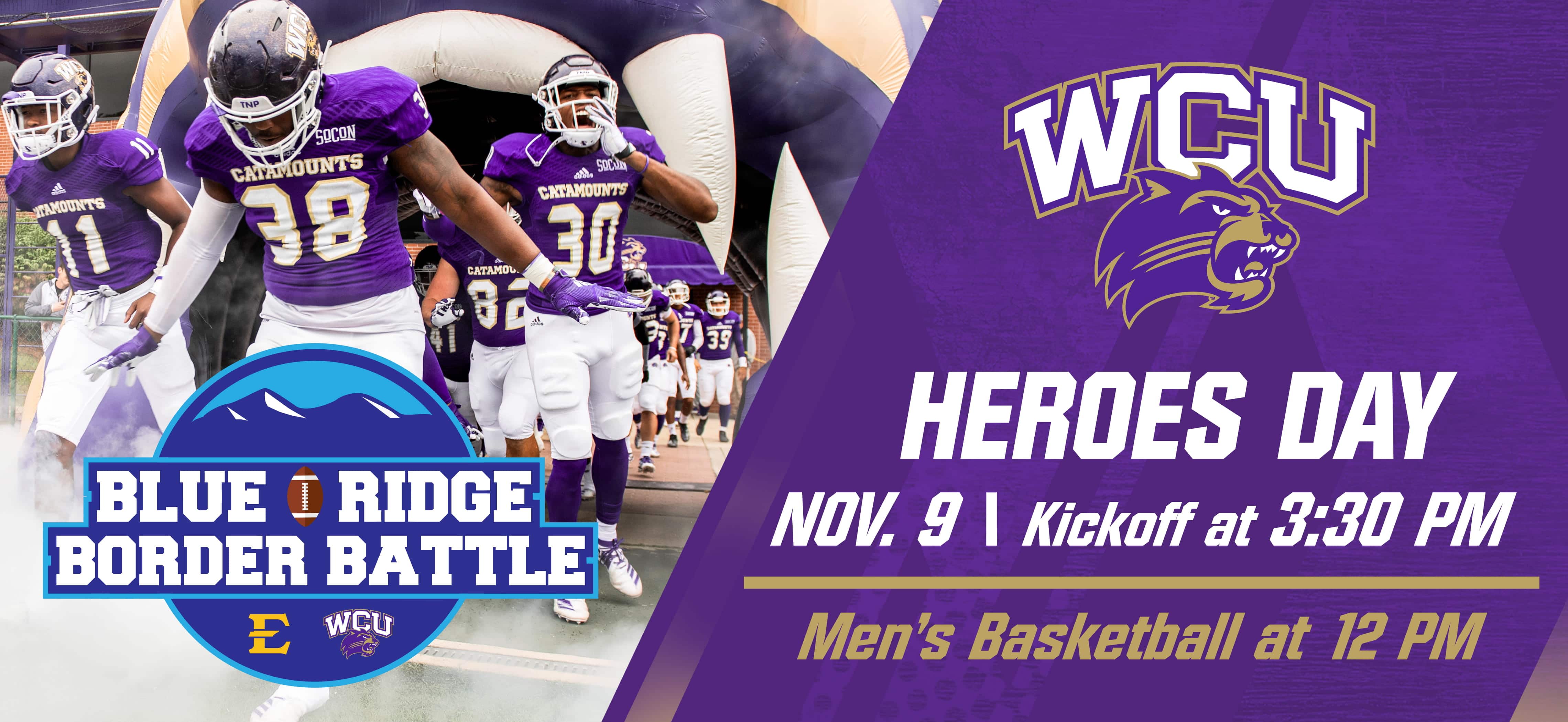 Catamount Football Players run out of the tunnel before the came! Graphic says the game time of 3:30 on Nov.9 