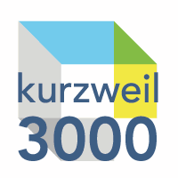 Kurzweil logo, a cube with green, yellow, blue and grey and text of kurzweil