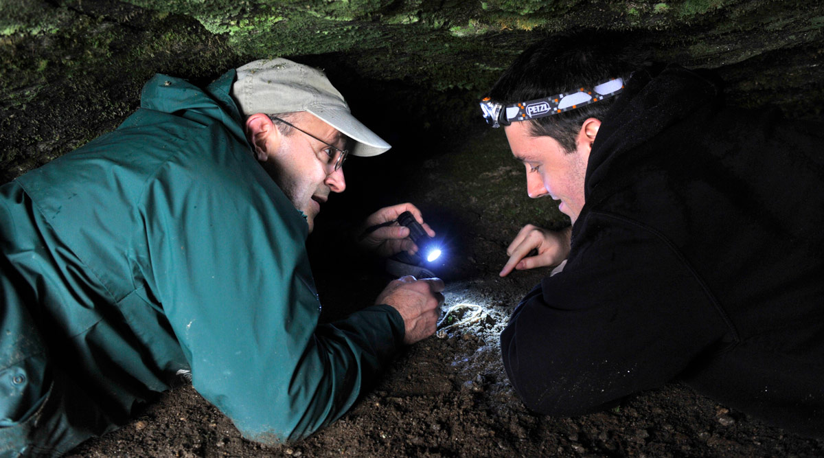 biology student and professor out in the field observing biology