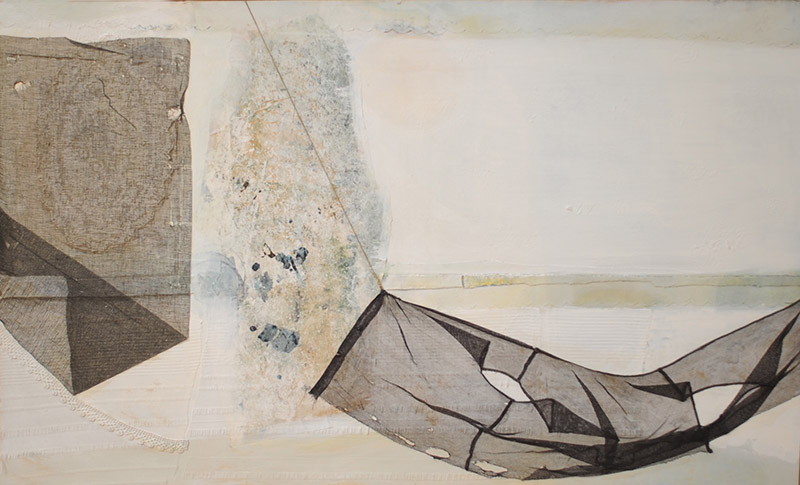 Lewis Buck, American  Here Horizons Penetrate Even the Saddest Flowers, 1975-82  Acrylic, collage on canvas, 36 x 60 inches  Gift of the artist 