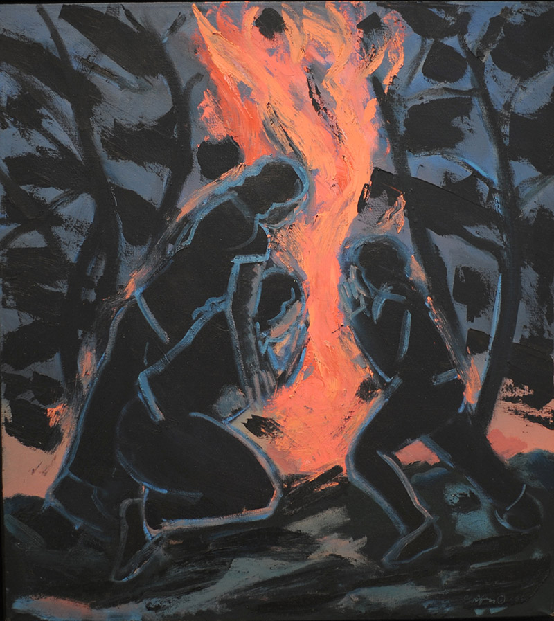 Robert Godfrey, American  Rekindling Fire, 1996  Oil on linen canvas, 40 x 36 inches  Purchase made possible through contributions from Collector's Consortium 