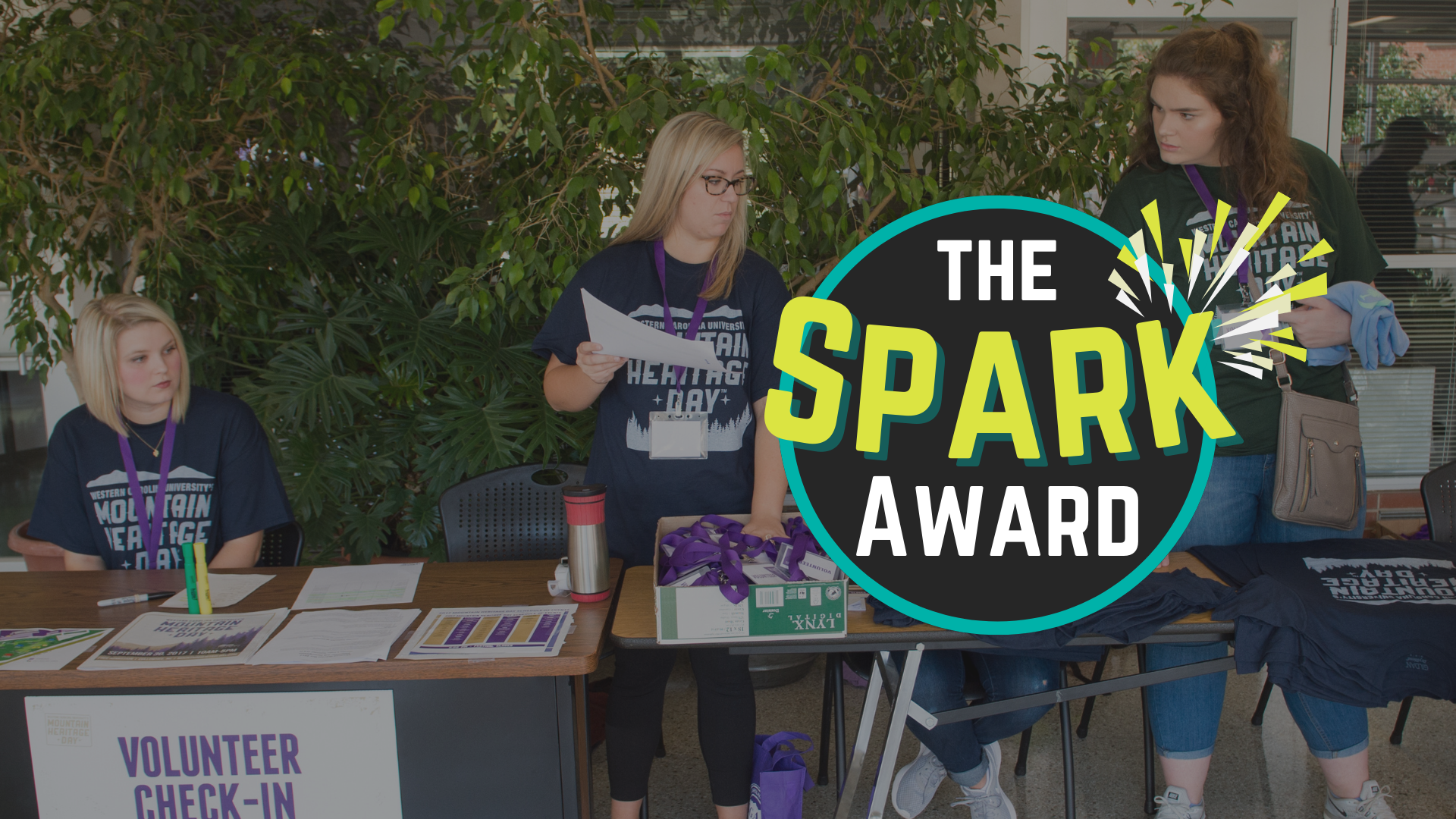 Picture of students volunteering and Spark logo