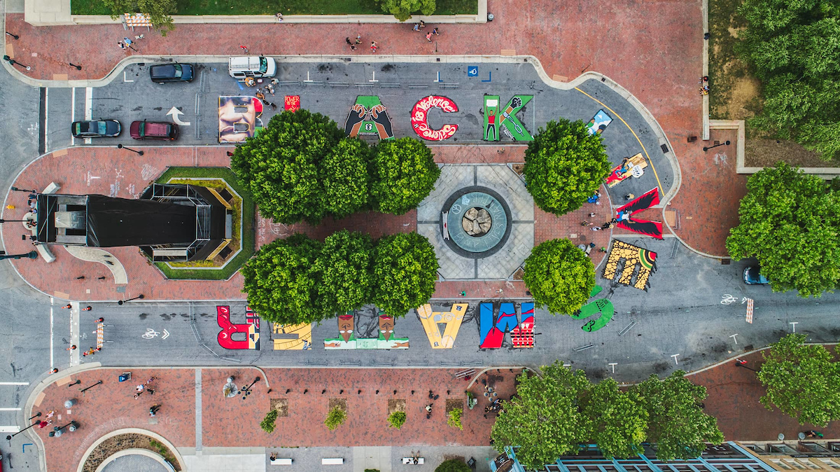 aerial of the black lives matter mural from Reggie Tidwell, Curve Theory