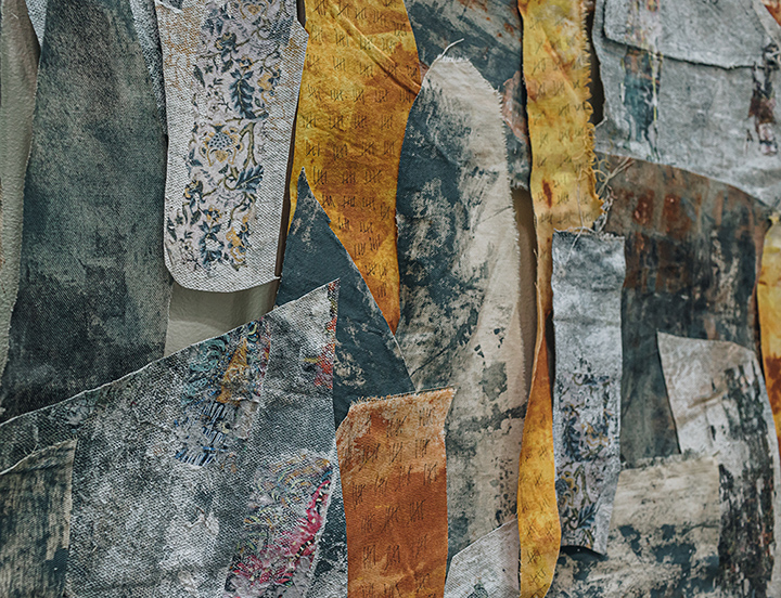 Kate Chassner, (detail) How Much We Can Hold, canvas scraps, acrylic, house paint, image transfer, screen print, 48in x 60in  
