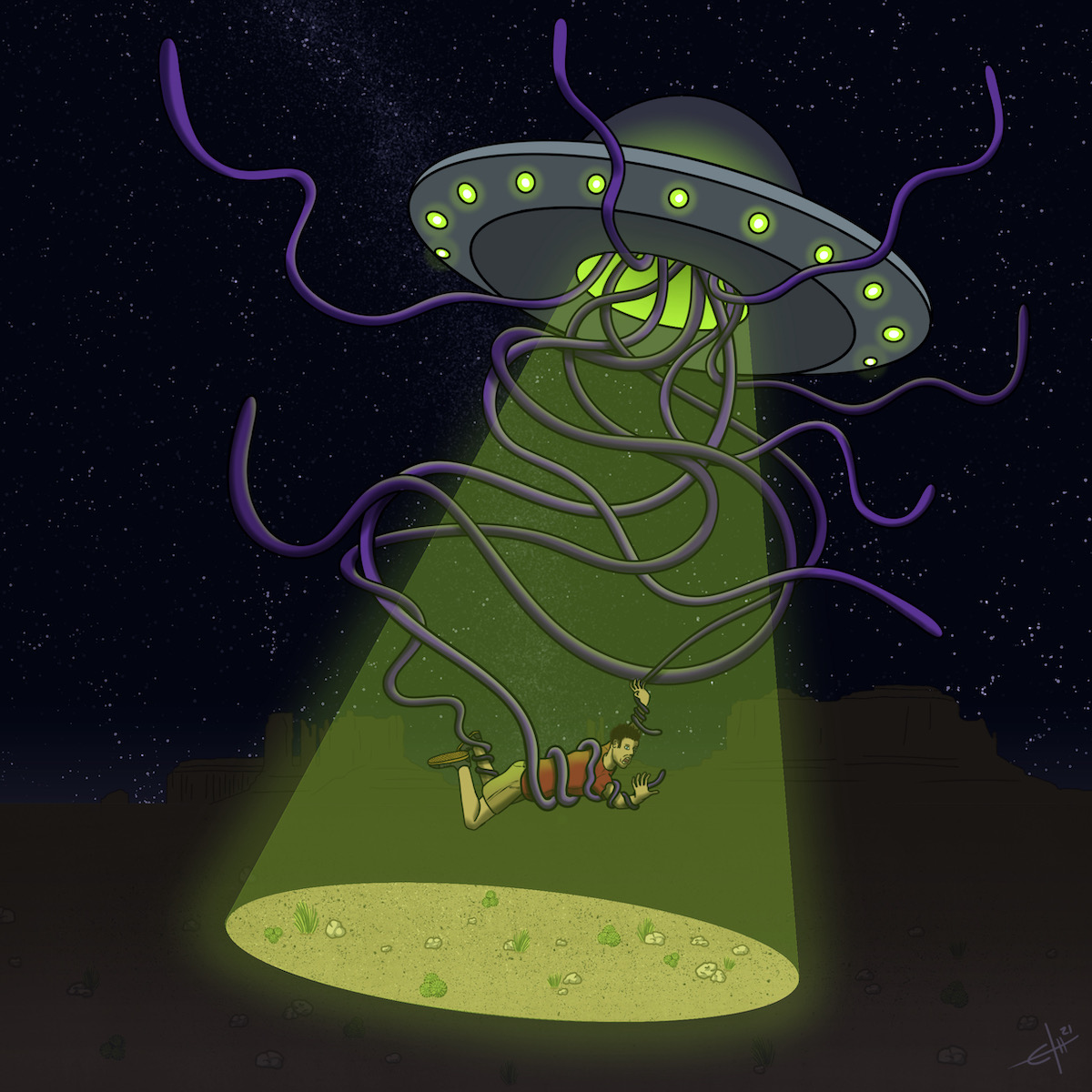 image of a flying saucer abducting a male human. saucer has purple tentacles and a green glow beaming up the human male to the ship. 
