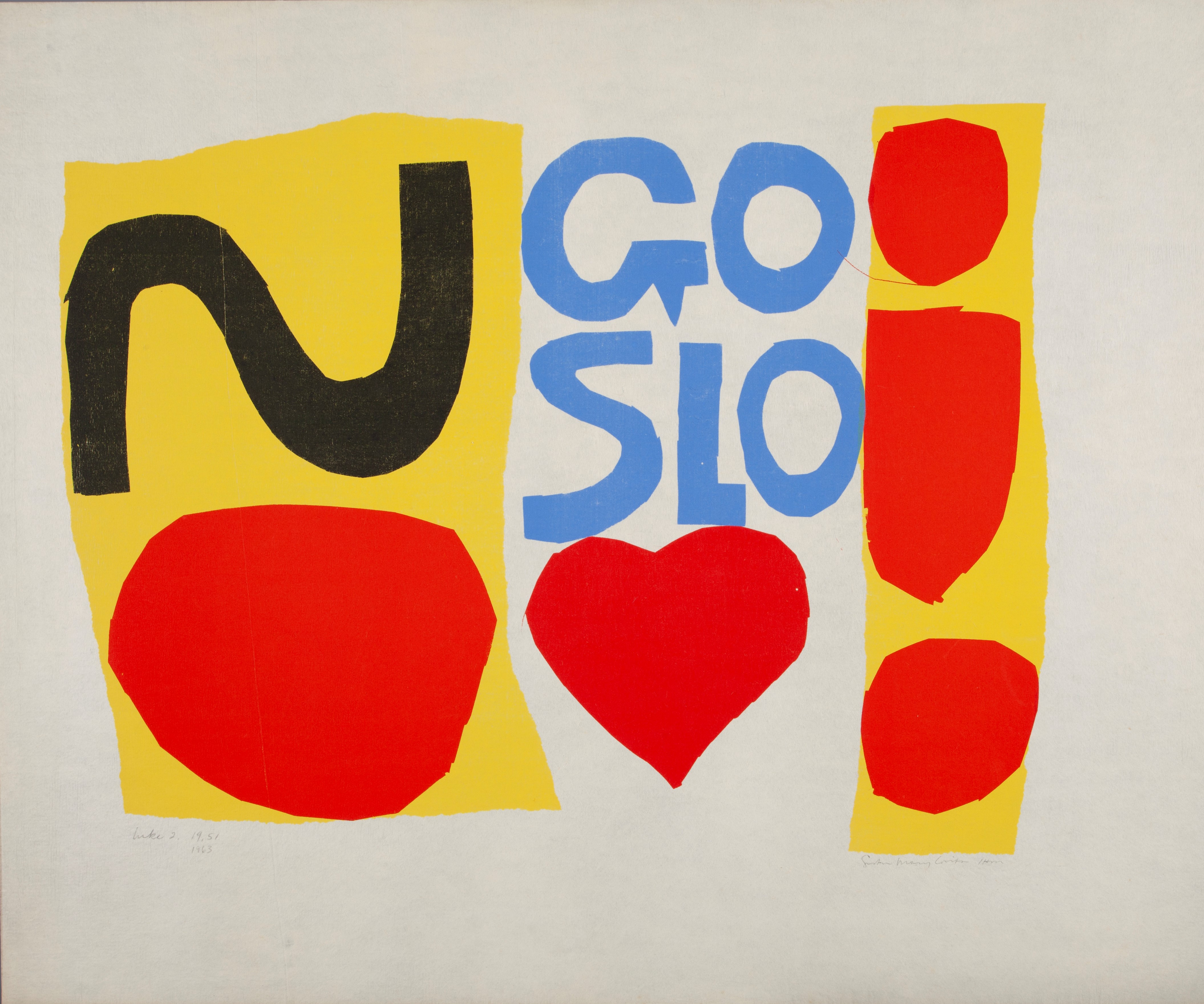 Left side of image has a yellow rectangle figure with a black sideways s on top of a red circular blob, middle of the page has "go slo" in blue with a red heart above it and right side of the page has a yellow rectangle background with a red spot on top with an oval red blob in the middle and a red circle on the bottom
