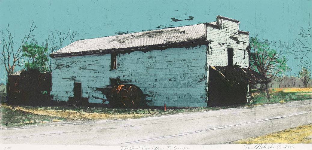 a print made from a glass etching of a old white wooden store, 