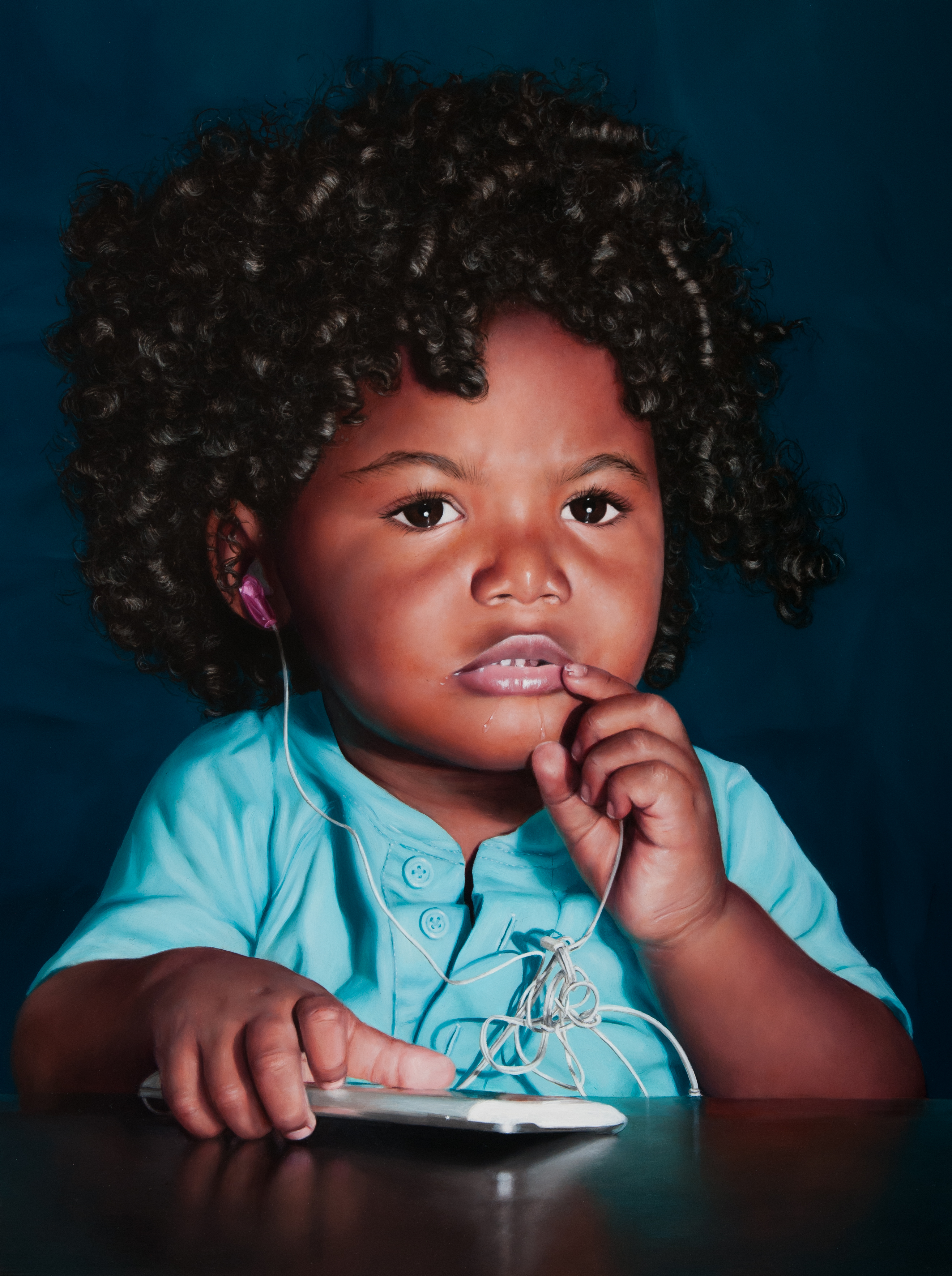Black male child with curly shoulder length hair. Vacant stare with drool coming out of his mouth. Subject is wearing a aquamarine button up shirt with a pink earphone in his ear. 