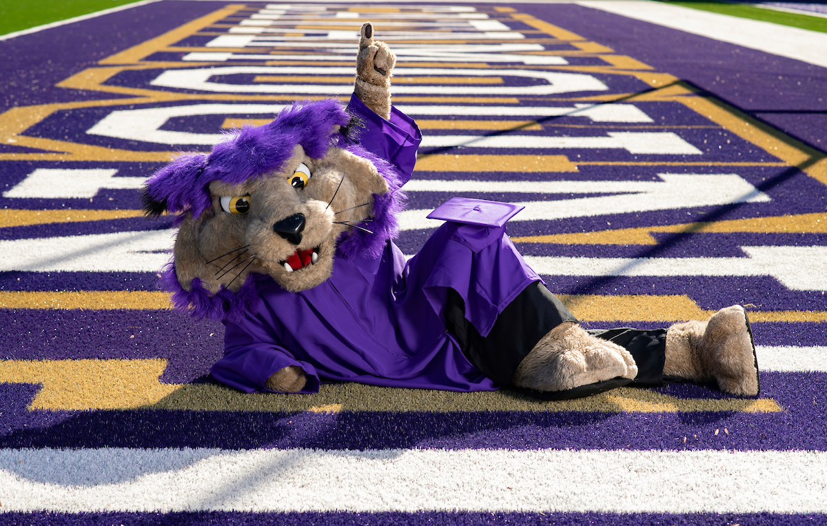 Paws in the endzone with a WCU cap and gown