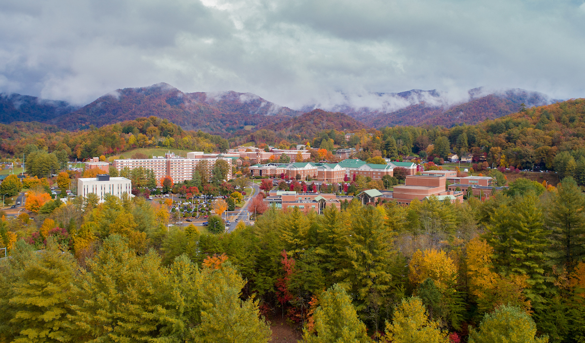Aerial of campus in the fall