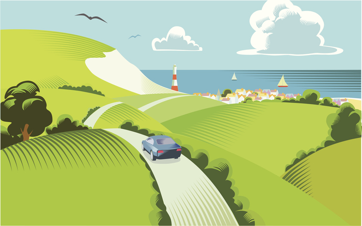 Drawing of a car going over a hill to visit the beach.