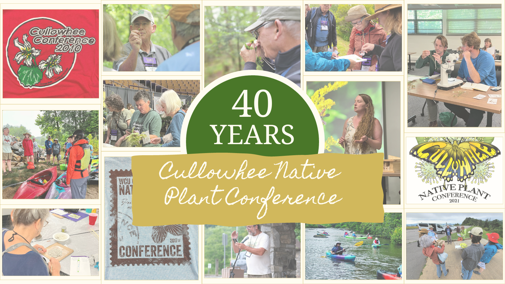Native Plant Conference Collage from 2023 year conference and previous t-shirt designs. 40th year icon in middle 