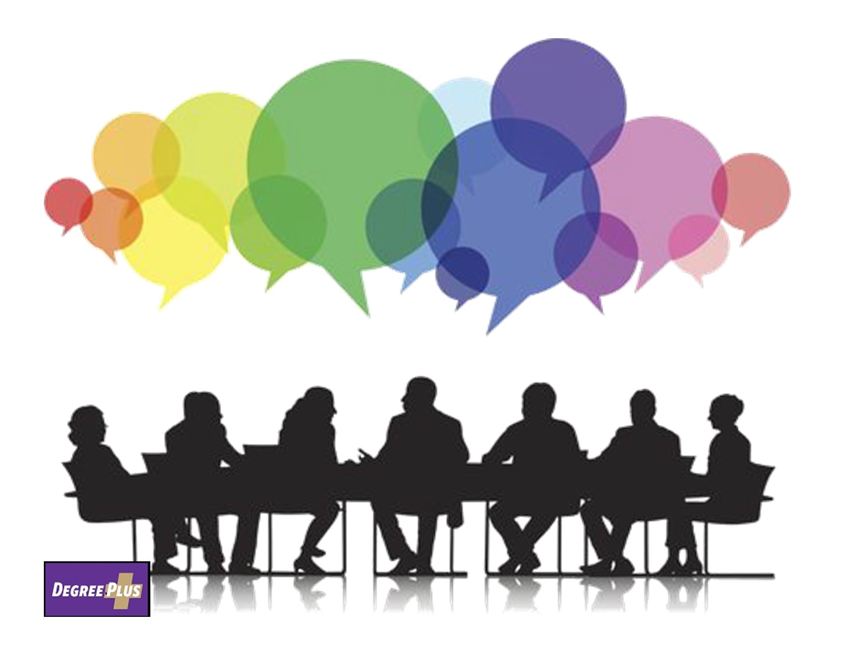 graphic of diverse people sitting around a meeting table with colorful speech bubbles above their head and a logo that syas 'degree plus'