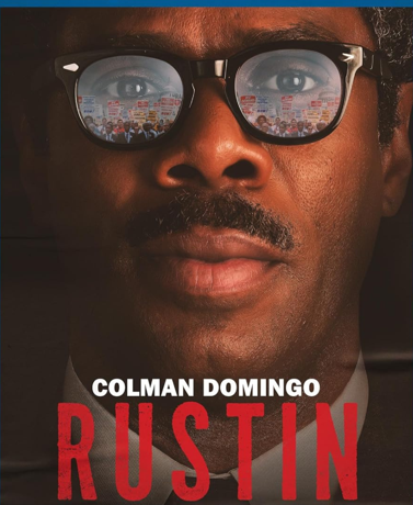 Rustin movie promo with a picture of Colman Domingo as Rustin