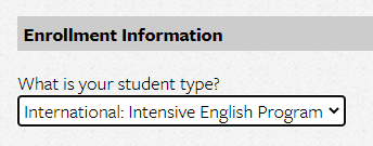 Choose student type - International: Intensive English Program