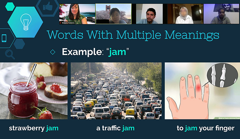 A slide of a presentation "Words with Multiple Meanings" displaying the different types and meanings of the word 'Jam' from a condiment, to a traffic jam, to jamming your finger