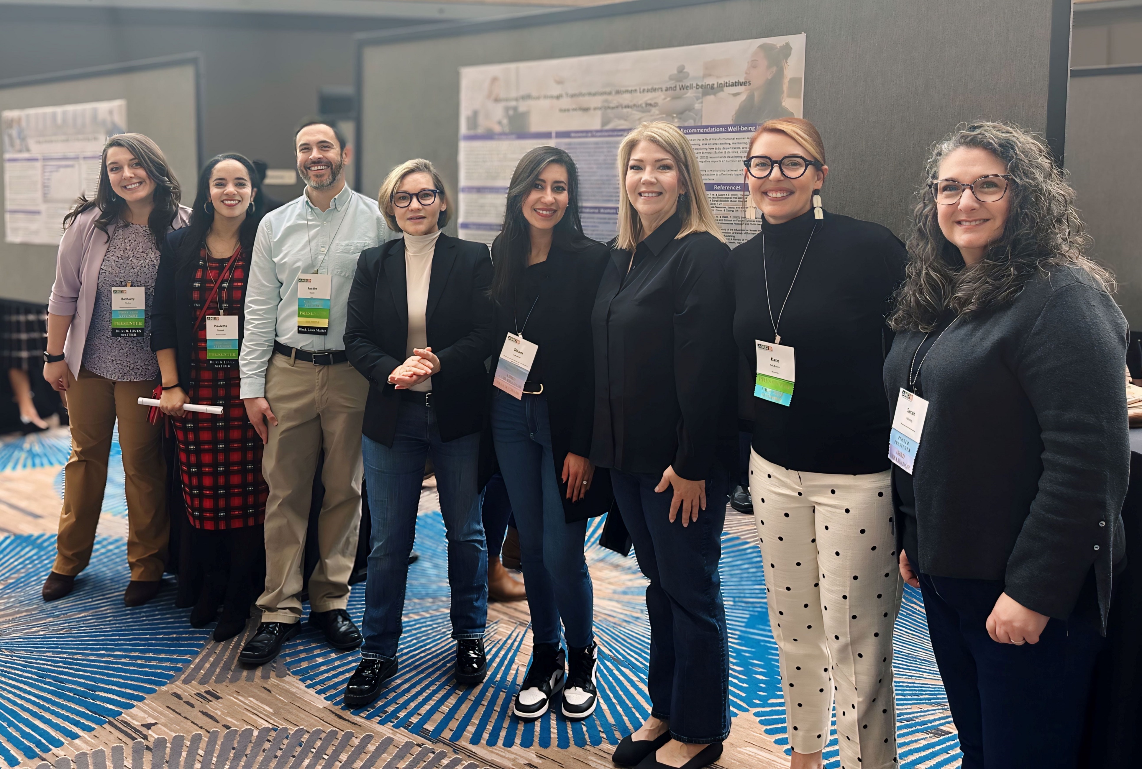From L-R: MSHR Students Bethany Duke, Paulette Russell,Justin Slack; Dr. Marie-Line Germain, Professor; Dr. Siham Lekchiri, Professor; MSHR students Cahterine Harkins and Kate McKeen; and Dr. Sarah Minnis, ProfessorMSHR student; Dr. Faculty and MSHR Students representing their research at the Academy of Human Resources Development Conference February 2024