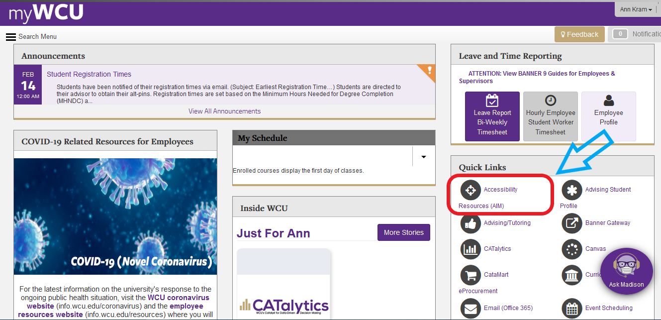 a screen shot of my wcu page with a blue arrow indicating to click on accessibility resources. 