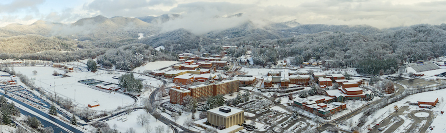 Aerial of campus in the snow