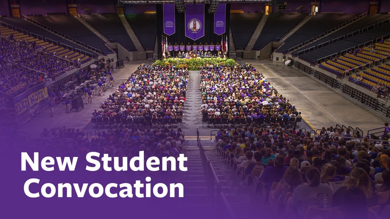 An aerial shot of students in the ramsey center with a purple transparent overlay, including white text for 'new student convocation'