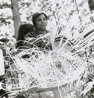 Nancy Conseen beginning the white oak framework for a honeysuckle basket