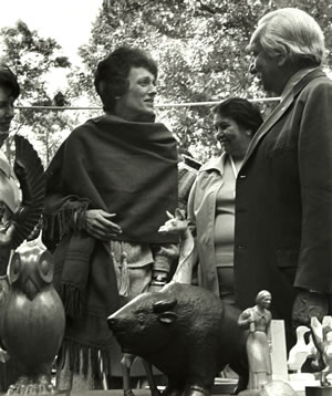Goingback Chiltoskey with Joan Mondale, wife of Vice President Mondale at the 1977 groundbreaking of the Folk Art Center on the Blue Ridge Parkway, near Asheville, North Carolina. Qualla Arts and Crafts Mutual, Inc.; photograph by the Indian Arts and Crafts Board.