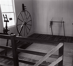 New Echota home, spinning wheel and weasel