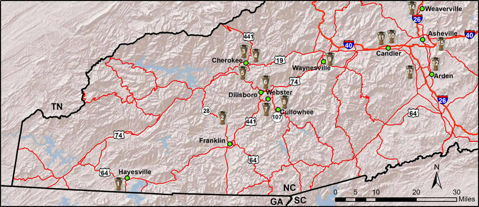 Map of Western North Carolina with locations of pottery sites marked