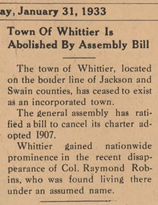 Town of Whittier is Abolished