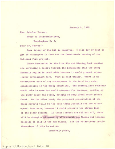 Letter from Kephart to Zebulon Weaver, January 9, 1925.
