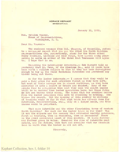 Letter from Horace Kephart to Zebulon Weaver, January 13, 1925.