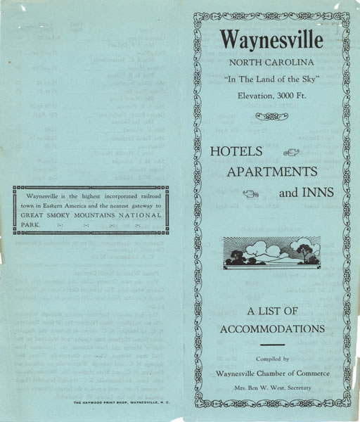 “Hotels, Apartments, and Inns -- A List of Accommodations” (front and back)